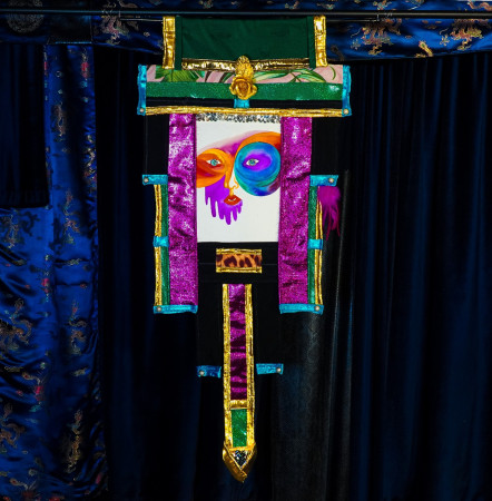 Glitter Lady of the Night Watercolor painting 10in by 7in within a tapestry extending it to 1ft 5in by 3ft 2in